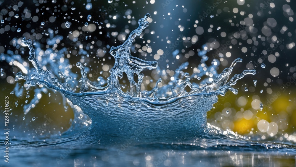 Poster dynamic water splash creating ripples and droplets against a blurred background with shimmering boke