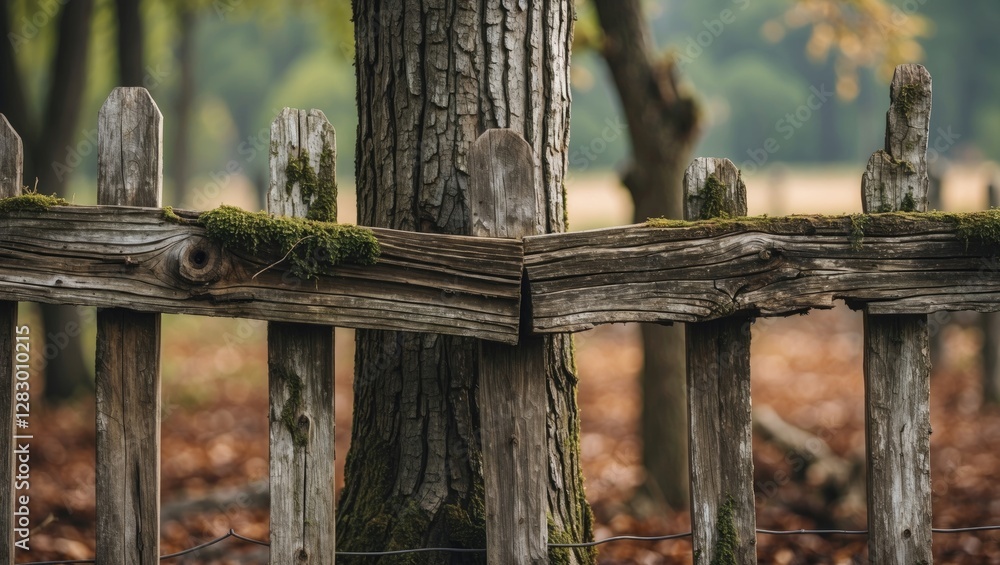 Poster weathered wooden fence interspersed with moss-covered posts and surrounded by autumn foliage in a fo
