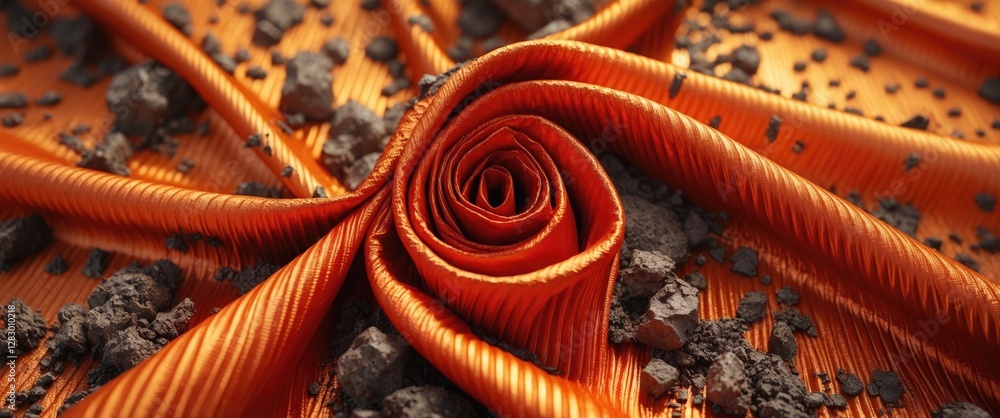 Poster orange satin fabric arranged in a spiral resembling a rose with scattered dark soil or rocks on the 
