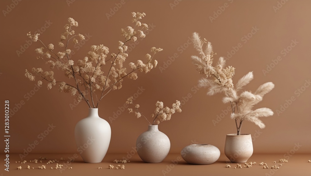 Poster elegant minimalist vases with dried flowers on a soft brown backdrop creating a serene and warm atmo