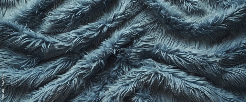 Poster Blue faux fur background with soft, fluffy texture and wavy patterns for decorative and textile concepts.