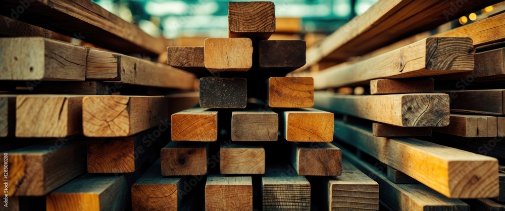 Poster stacked wooden planks arranged in different sizes and colors forming a textured background in a ware