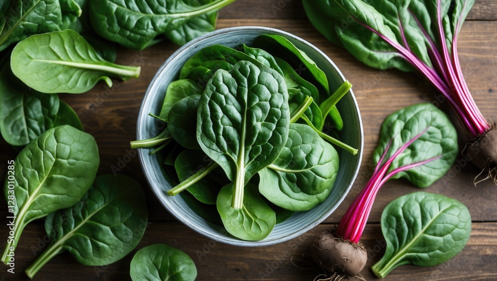 Aufkleber fresh spinach leaves in a bowl with whole leaves and beets on a rustic wooden surface close-up shot.