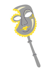 Elegant Venetian style mask on a stick with intricate yellow and gray decorative details, designed in a minimalist artistic style. Vector flat drawing isolated on white background