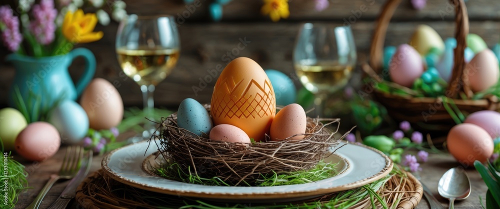 Aufkleber Easter table setting with decorated eggs in a nest surrounded by colorful eggs and wine glasses on wooden background