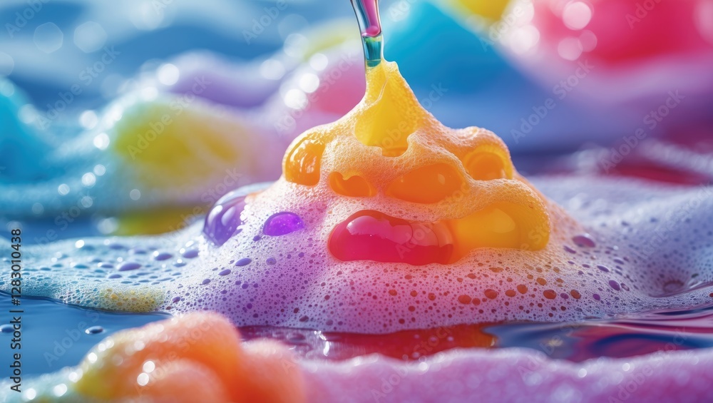 Poster colorful soap bubbles with vibrant hues in water, highlighting texture and surface reflections, crea