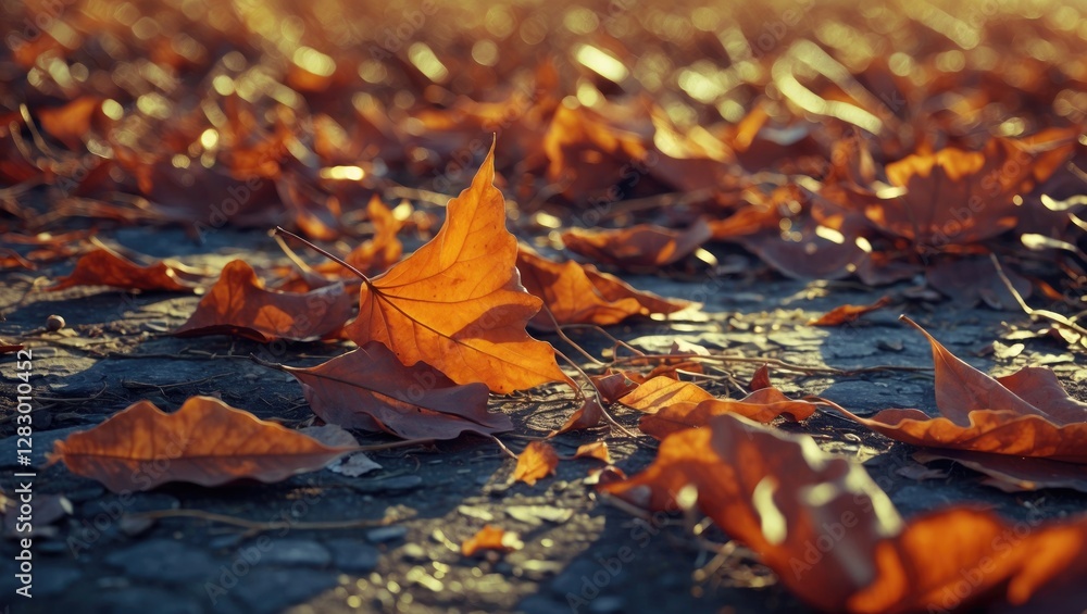 Poster close-up view of autumn leaves on ground with warm lighting and shadows creating a natural textured 