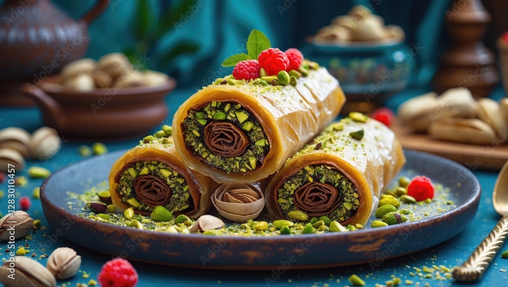 Poster turkish dessert baklava rolls with pistachios and raspberries on a decorative plate with assorted nu