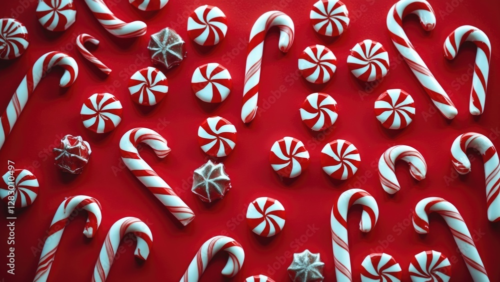 Poster Red background with assorted peppermint candies and candy canes in various shapes and sizes arranged in a random pattern.