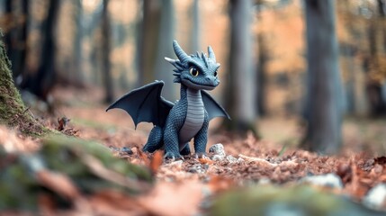 A small, dark-grey dragon figurine sits in an autumnal forest.  Its wings are spread slightly, and it gazes towards the right.