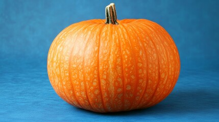 Bright orange pumpkin on a blue background highlighting the seasonal harvest in fall