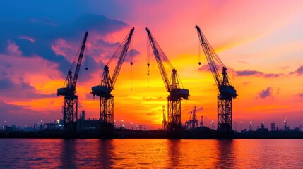 Obraz premium Container ship silhouette of industrial cranes concept. Dramatic Silhouetted Shipyard Cranes at Sunset with Colorful Sky