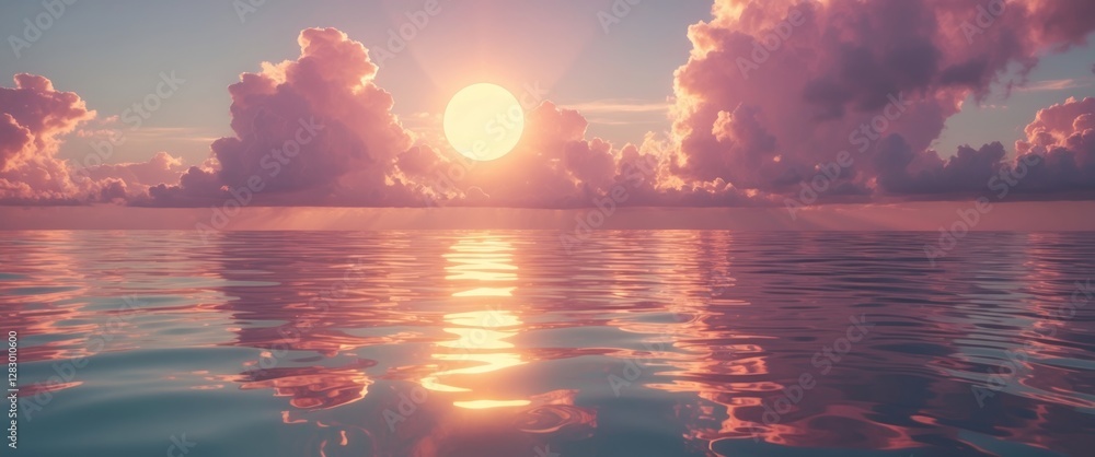 Poster Sunset over calm ocean water with clouds reflecting in the serene surface creating a tranquil atmosphere during twilight.