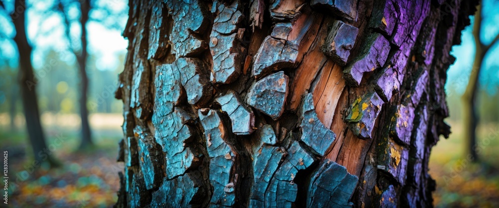 Poster detailed close-up of textured tree bark with blue and purple highlights in a soft-focus forest backg
