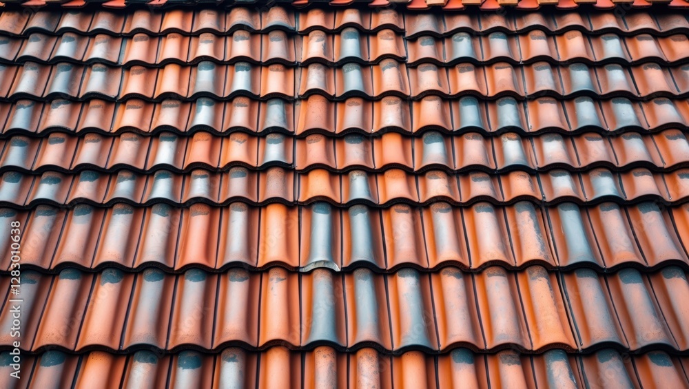 Poster close-up view of a textured roof featuring red and brown ceramic tiles arranged in rows.