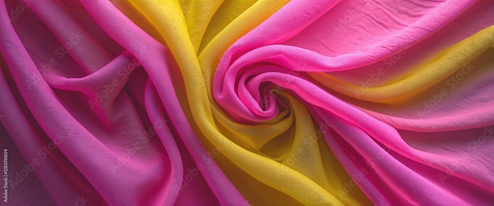 Poster Colorful twisted fabric in shades of pink and yellow arranged in a spiral pattern displaying texture and drapery details