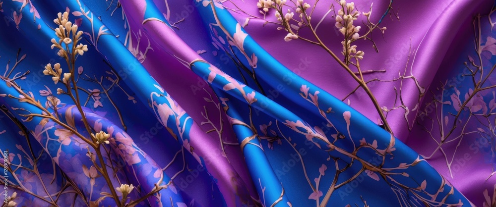 Poster colorful silk fabric with floral patterns and intertwined branches in shades of blue and purple, cre