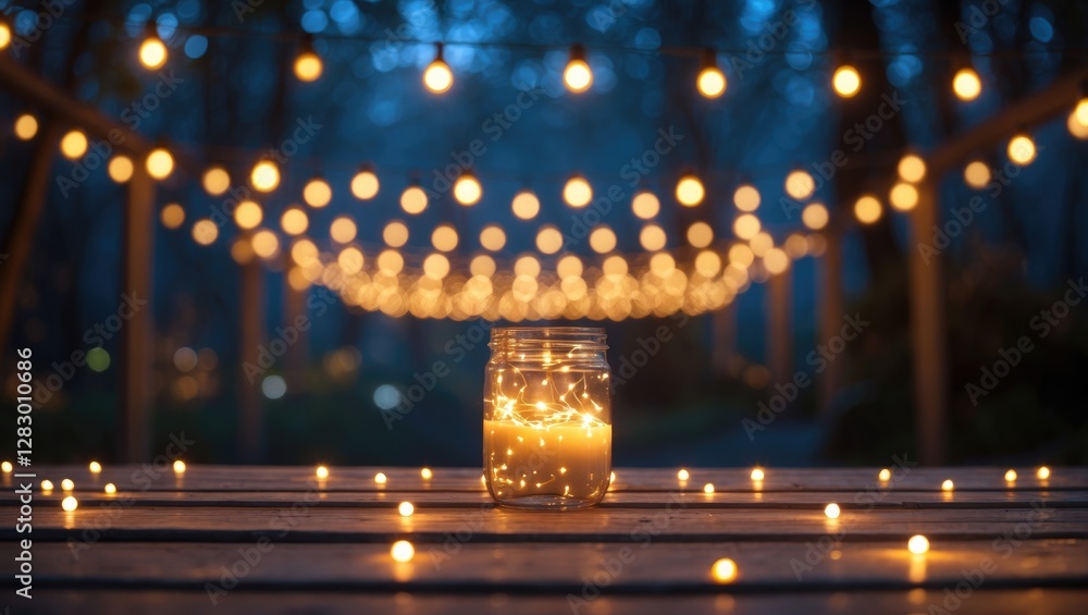 Poster enchanting evening setting with glowing string lights and a candlelit jar on wooden table, creating 