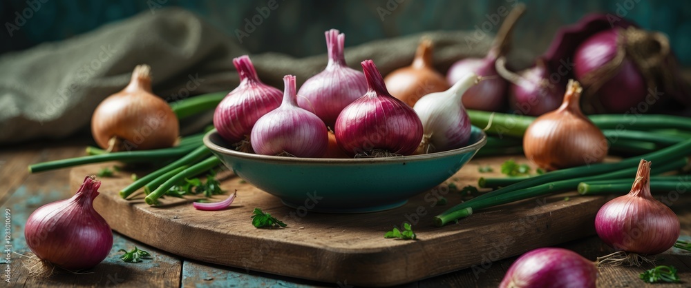 Poster fresh assorted onions including red and yellow varieties on a wooden cutting board with green onion 