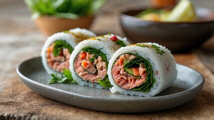 Sushi rolls with fresh vegetables and tuna on a gray plate with a wooden background and blurred bowls in the background