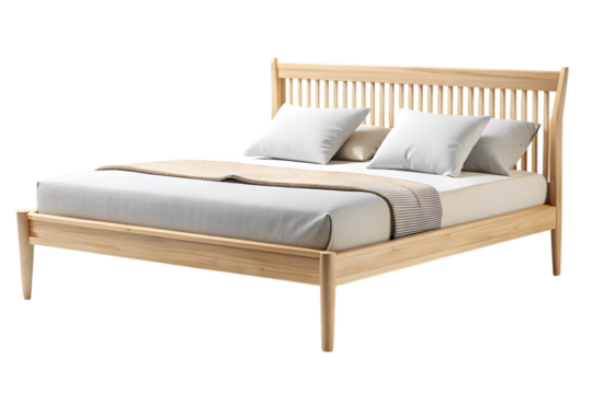 Serene Slumber: A meticulously crafted wooden bed, offering an inviting space for restful sleep, with soft pillows and a neutral color palette to enhance tranquility and comfort. 