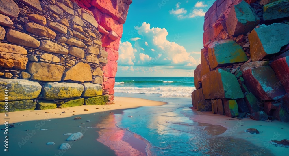 Poster coastal scene with colorful stone walls framing a view of the ocean and clouds under a bright blue s
