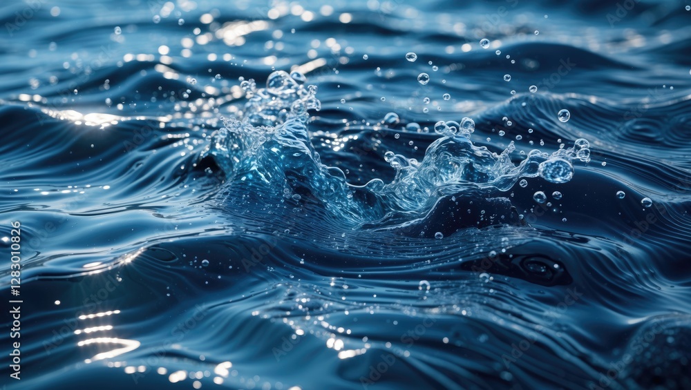 Leinwandbilder close-up of water surface with ripples and splashes against a deep blue background reflecting light 