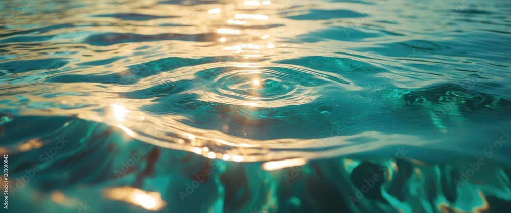 Poster close-up view of rippling water surface reflecting sunlight with dynamic patterns and turquoise tone
