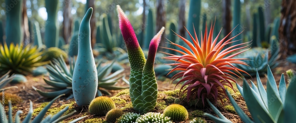 Poster Colorful variety of succulents and cacti in natural setting with blurred background of desert vegetation and sunlight filtering through trees