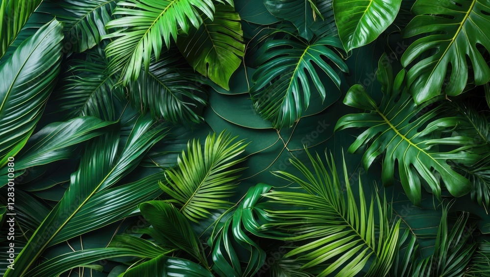 Poster tropical green leaves background with various types of foliage texture in a dense arrangement for na