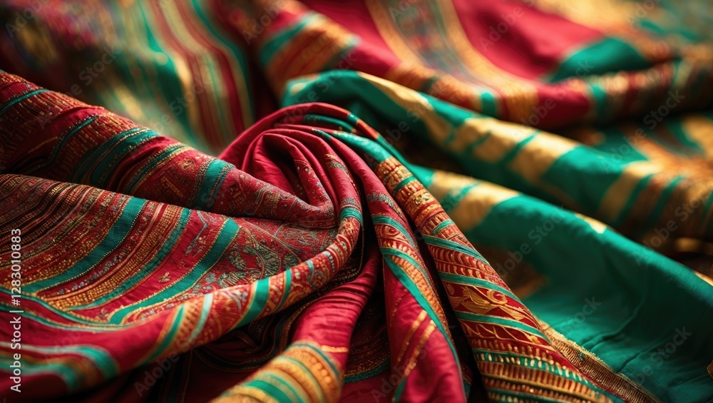 Poster vibrant red and green silk fabric with intricate gold patterns draped elegantly creating a luxurious textile background