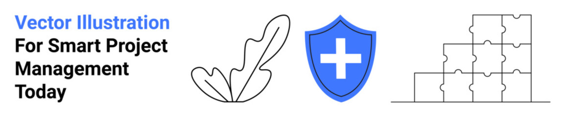 Fototapeta premium Leaf symbolizing growth, shield with a cross for protection, stacked puzzle pieces for teamwork. Ideal for strategies, security, development, sustainability, healthcare, innovation flat landing page