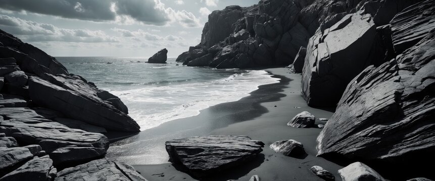 Serene black and white seascape showcasing dramatic rocky beach with waves, clouds, and textured stones along the shoreline.