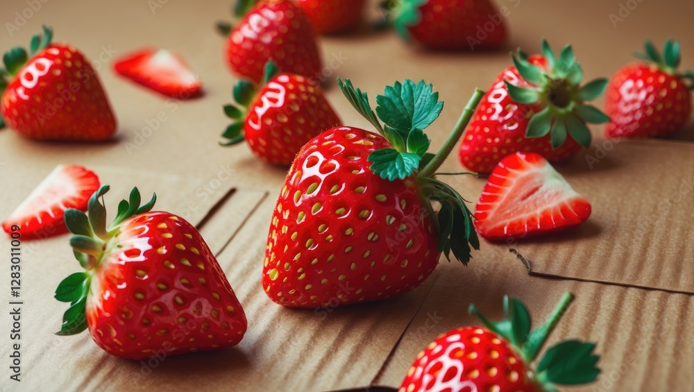 Poster fresh ripe strawberries arranged on a brown cardboard background with some whole and sliced pieces v