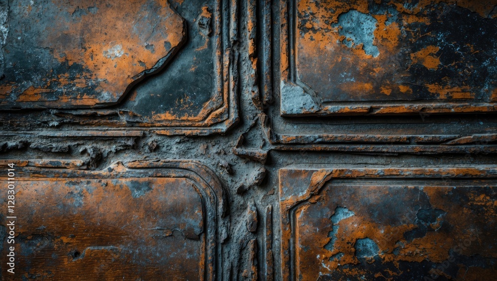 Aufkleber close-up view of aged metal panel with rust and peeling paint in textured pattern