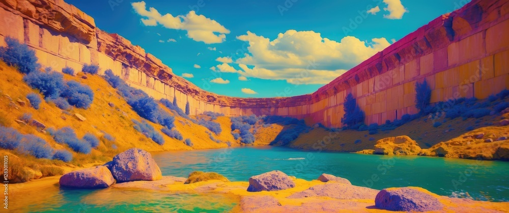 Poster vibrant surreal landscape featuring a tranquil body of water surrounded by steep colorful cliffs and