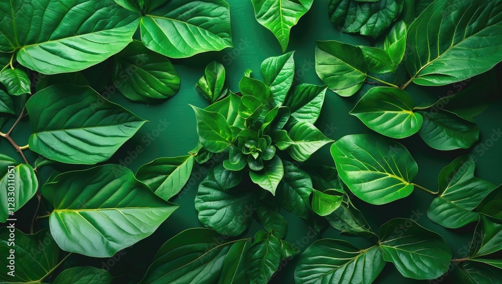 Poster various green leaves arranged on a dark green surface creating a lush and textured background.