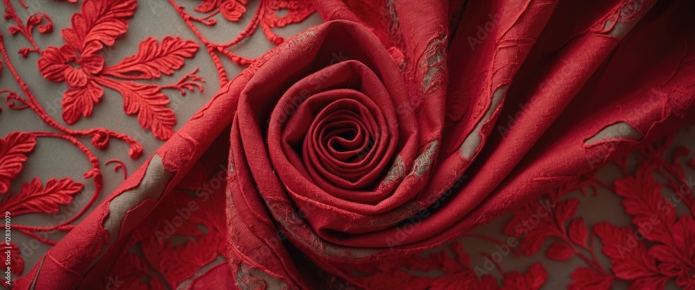 Aufkleber red embroidered fabric with floral patterns arranged in a spiral rose shape on a textured background