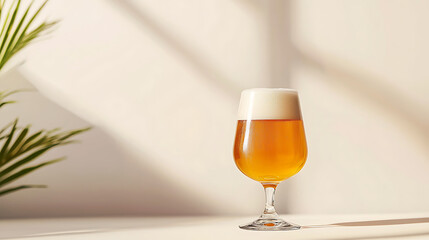 A glass of beer is sitting on a table in front of a plant