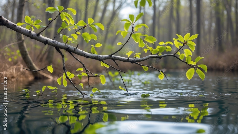 Poster Branch with fresh green leaves above rippling water in a tranquil forest setting with reflections on calm lake surface Ð¿Ð¾ÐºÐ°Ð·Ñ‹Ð²Ð°Ñ‚ÑŒ Ð¿Ñ€Ð¸Ñ€Ð¾Ð´Ñƒ Ð¸ Ð²Ð¾Ð´Ð½Ñ‹Ðµ ÑÐ»ÐµÐ¼ÐµÐ½Ñ‚Ñ‹