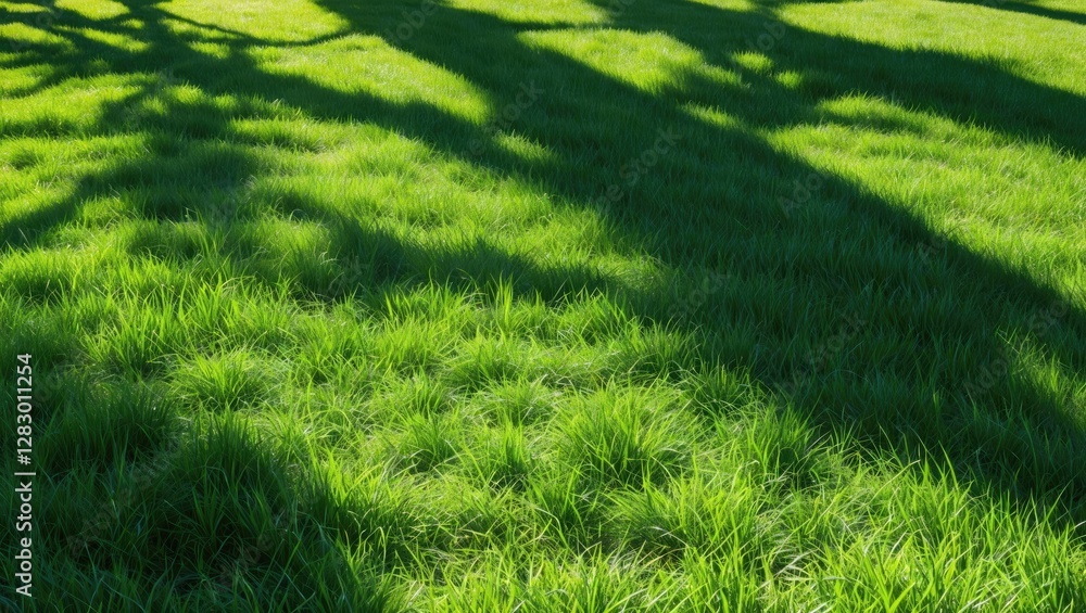 Poster vibrant green grass lawn illuminated by sunlight with tree shadows creating a natural background and