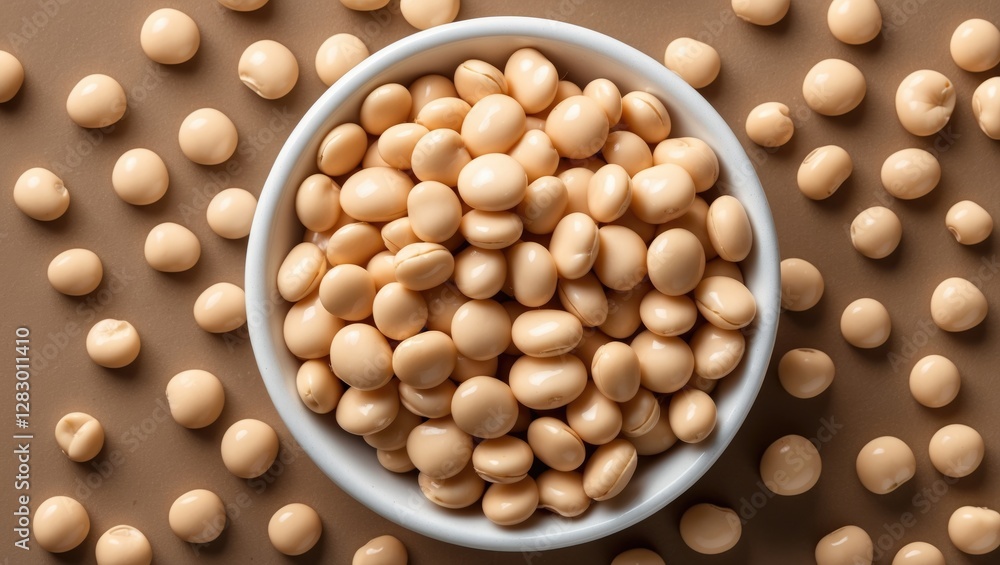 Poster bowl filled with beige soybeans surrounded by scattered beans on a brown surface top view compositio