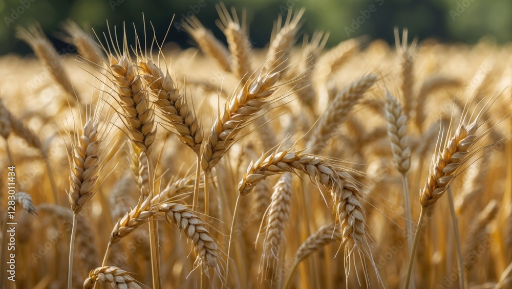 Poster close-up view of golden ripe wheat ears in a field during a sunny day with blurred green background