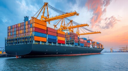 Fototapeta premium Container ship silhouette of industrial cranes concept. Moody Industrial Composition with Silhouetted Cranes Diligently Working at a Cargo Port