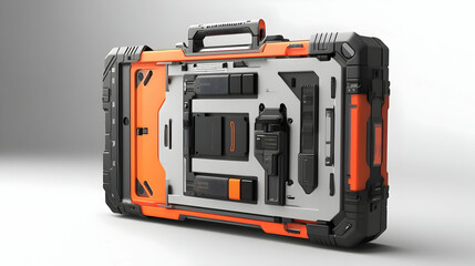Futuristic orange hard case, tech briefcase, travel