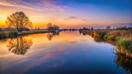 Obraz premium A peaceful scene unfolds as dusk approaches over the gentle flowing waters of the River Yare, reflecting the vibrant hues of a fading day