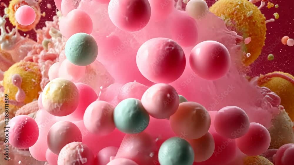 Poster colorful spheres floating in pink mist create a vibrant and dynamic visual scene