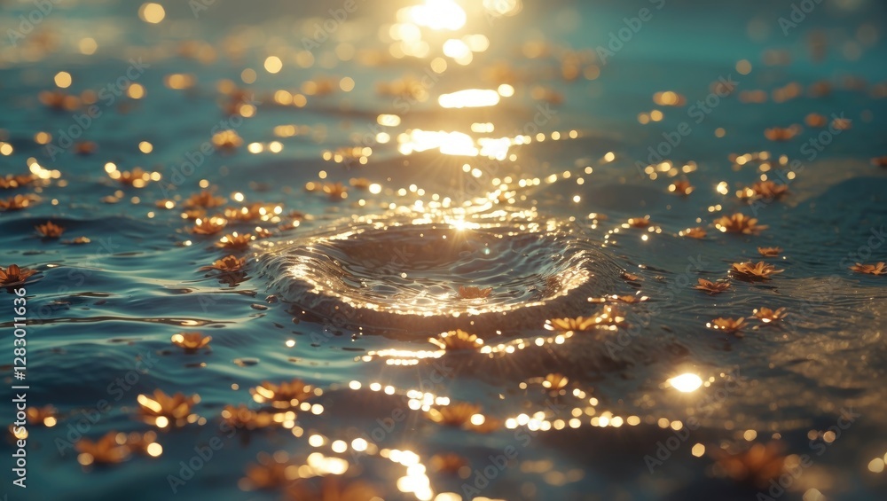 Poster golden sunlight reflecting on water surface scattered with flower petals creating ripple effect