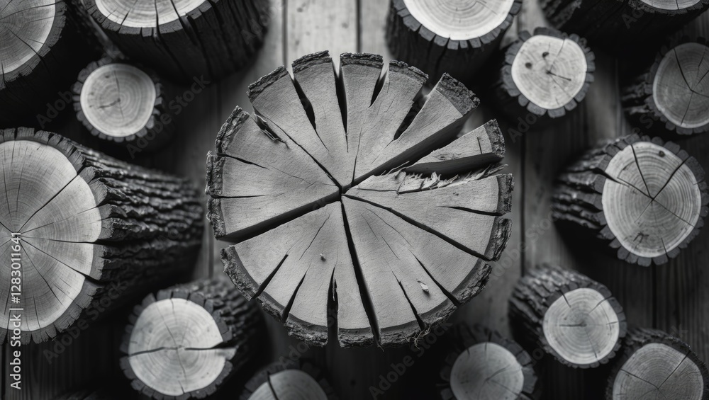 Aufkleber Cut tree logs arranged in a circular pattern with detailed wood grain textures on a wooden surface in monochromatic tones.