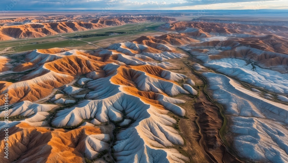 Poster Aerial view of colorful undulating hills and valleys in a desert landscape under a clear blue sky. Natural patterns and textures in the terrain.